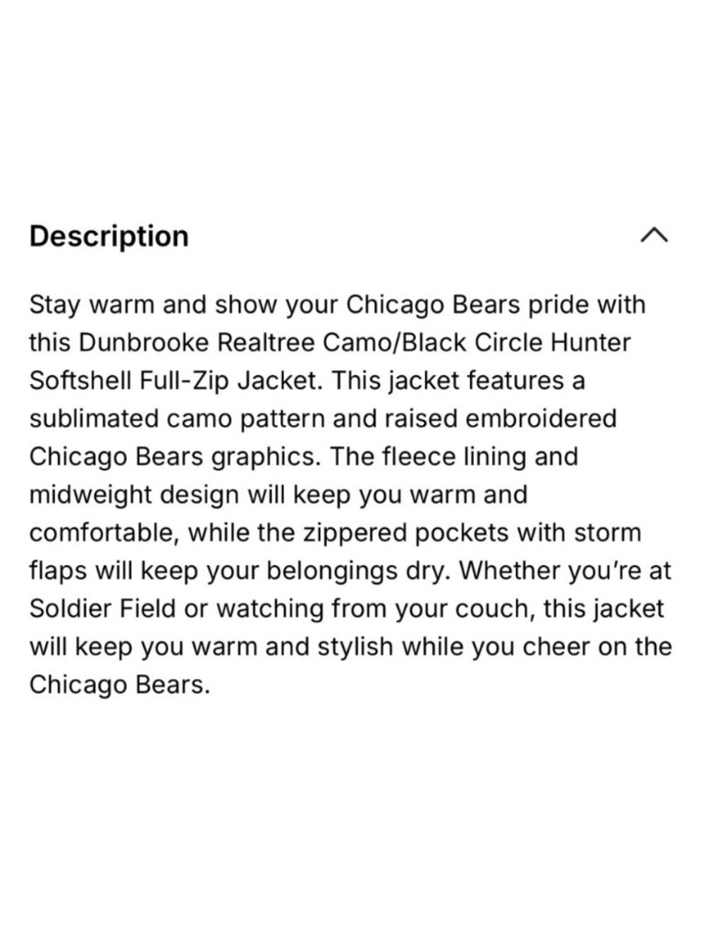 NWT- Realtree Camo Black Chicago Bears Softshell L Full-Zip Jacket fleece lined - Picture 11 of 16